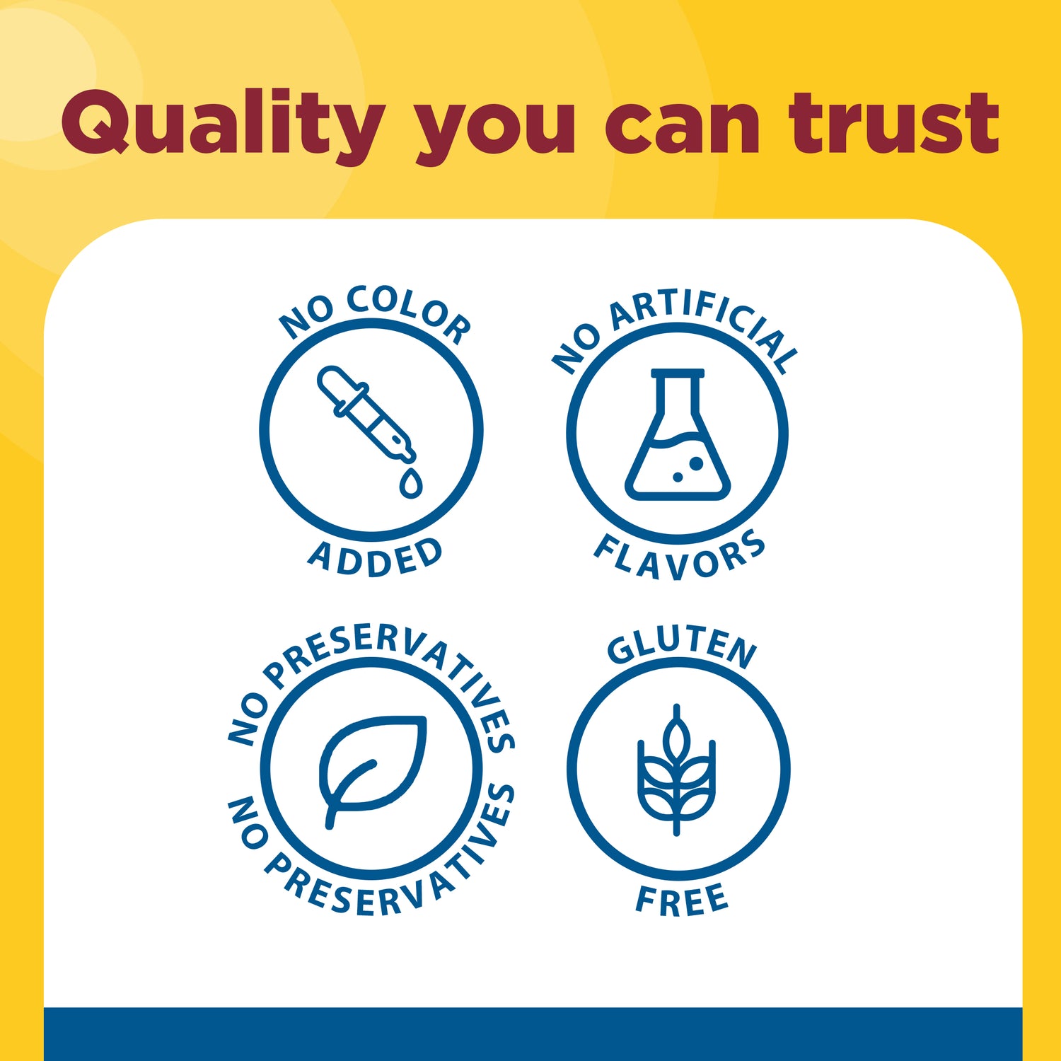 Shilajit + Magnesium Citrate, Zinc & Folic Acid Capsules | Promotional graphic with the text 'Quality you can trust' above four blue circular icons on a white rounded panel, reading 'No Color Added,' 'No Artificial Flavors,' 'No Preservatives,' and 'Gluten Free,' on a yellow background.