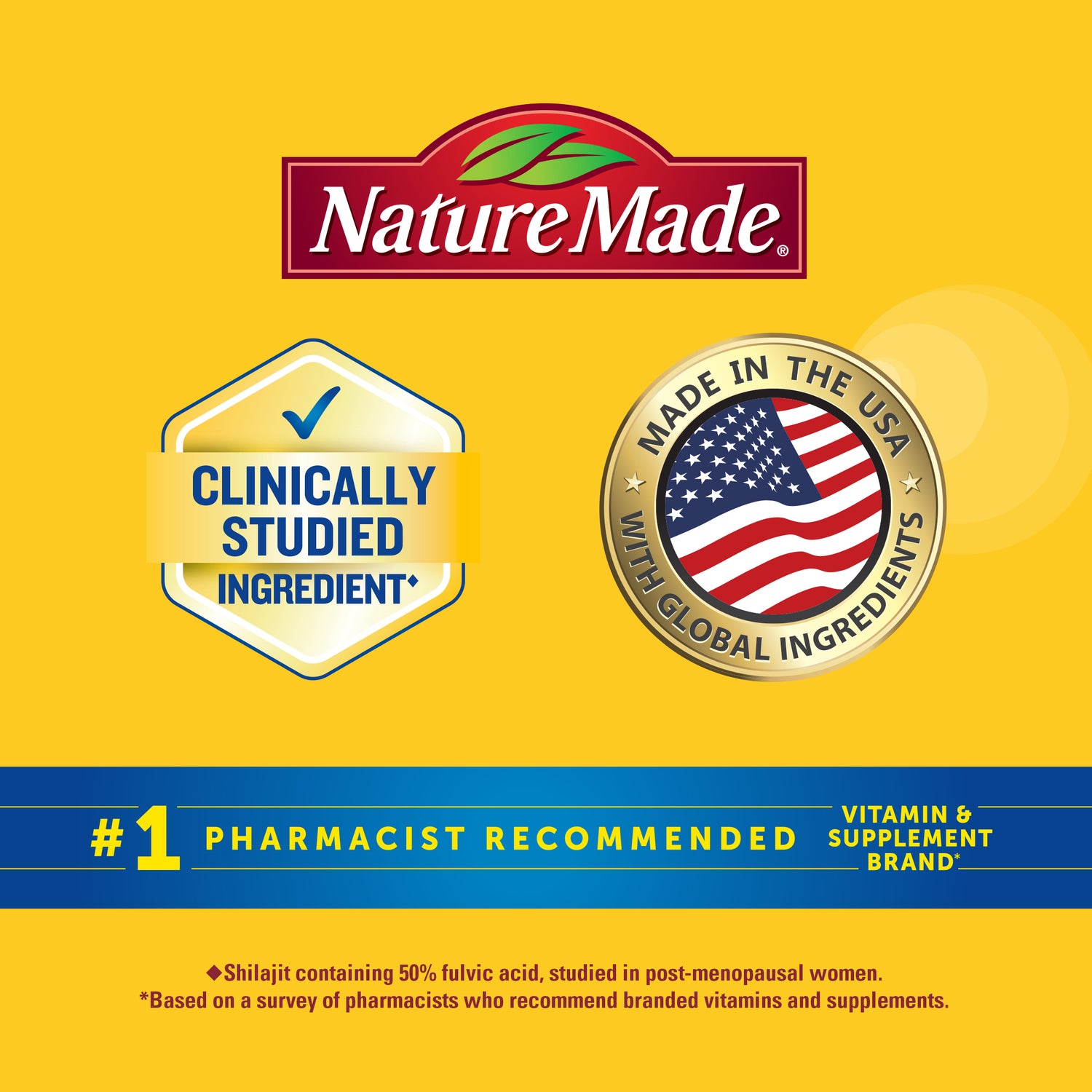 Shilajit + Magnesium Citrate, Zinc & Folic Acid Capsules | Nature Made supplement packaging graphic on a bright yellow background, featuring the Nature Made logo, a 'Clinically Studied Ingredient' badge, a 'Made in the USA' emblem with an American flag, and a blue banner reading '#1 Pharmacist Recommended'.