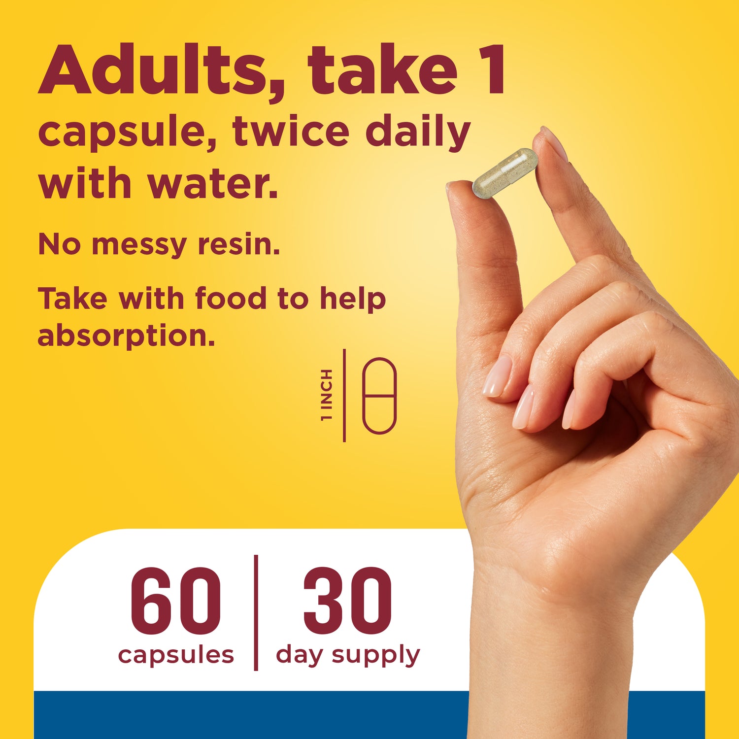 Shilajit + Magnesium Citrate, Zinc & Folic Acid Capsules | Adults, take 1 capsule, twice daily with water dosage instructions with a hand holding a supplement.