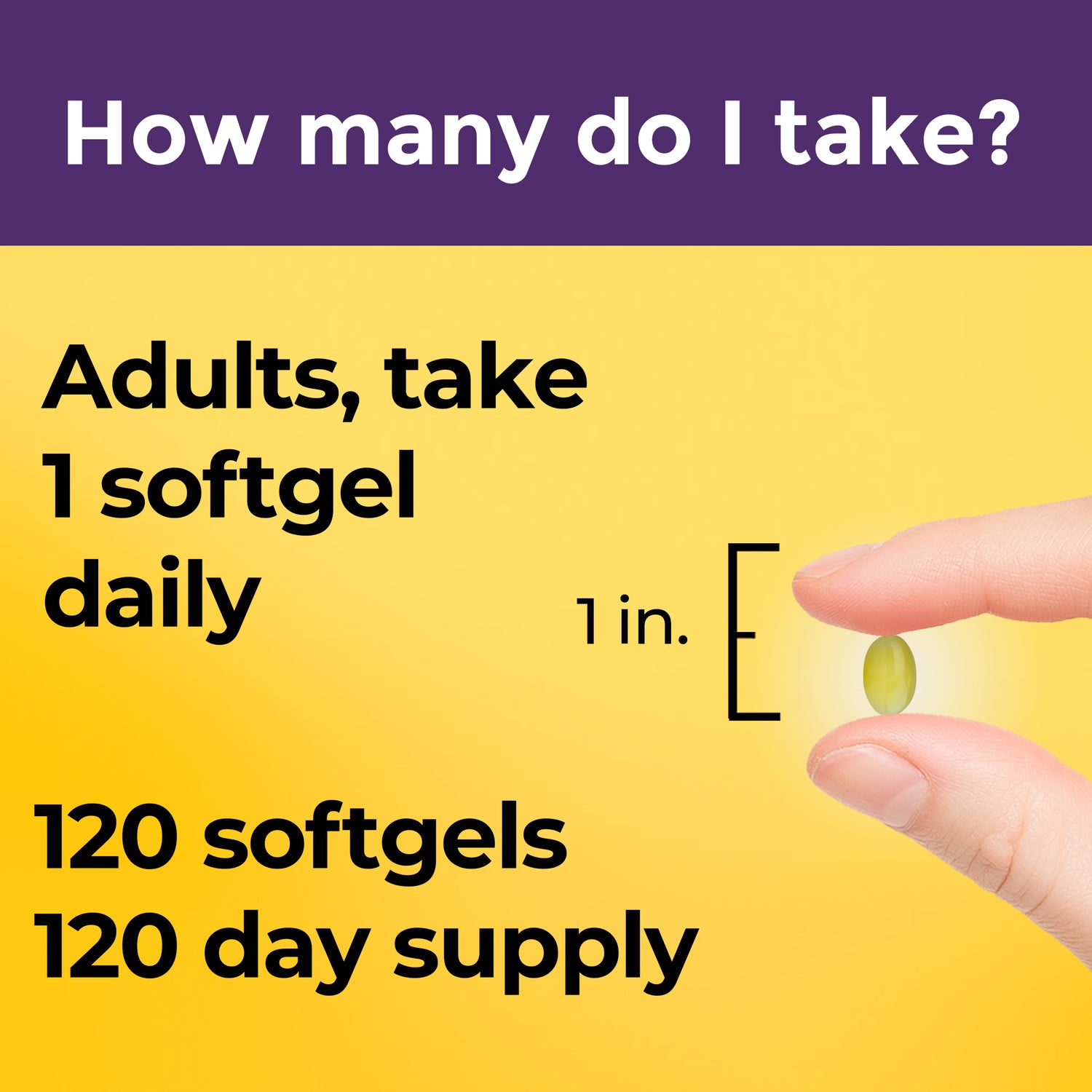 Biotin Maximum Strength‡ 5000 mcg Softgels | Vitamins supplement with text on how many to take daily on a yellow background