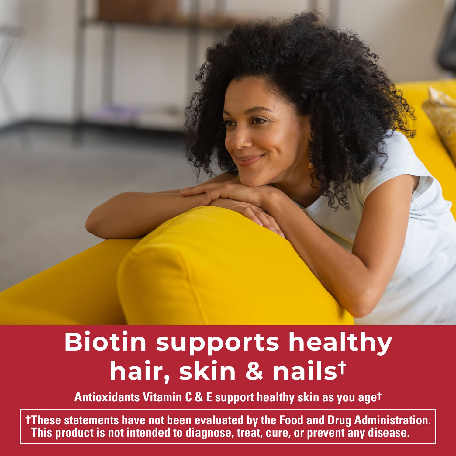 Zero Sugar‡ Hair Skin Nails Gummies | Biotin supports healthy hair, skin, and nails with added antioxidants Vitamin C and E for skin health, displayed on a red banner with text.