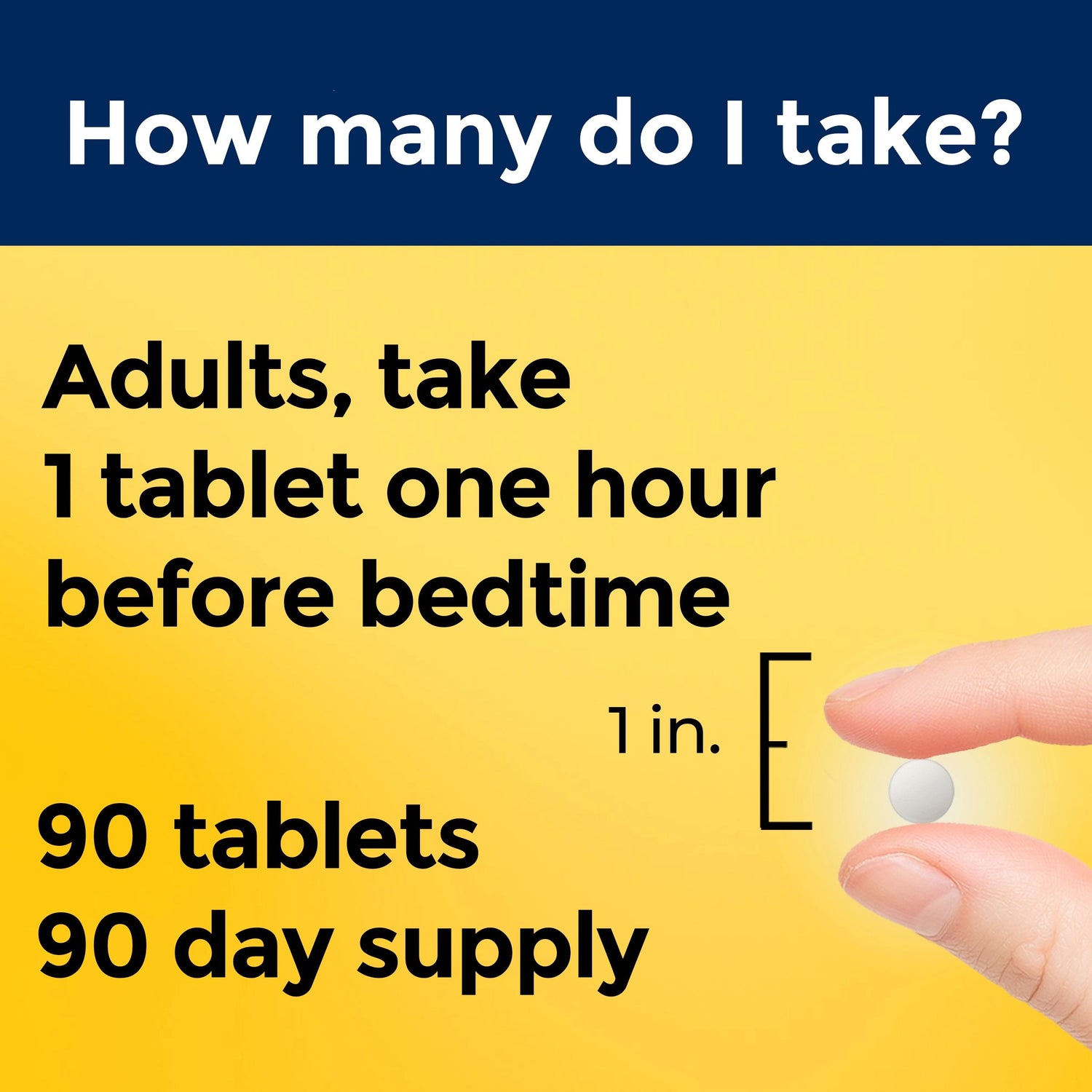 Melatonin 5 mg Tablets | Nature Made Melatonin Extra Strength 5 mg Tablets  instructional graphic about taking a pill, showing a hand holding a pill next to a measurement of less than 1 inch.