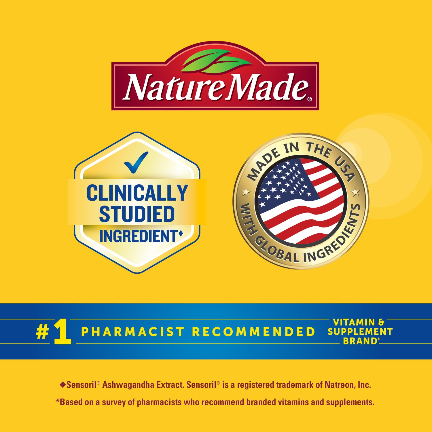 Magnesium 300 mg + Ashwagandha 125 mg Capsules | Nature Made supplement brand logo with certification badges on a yellow background