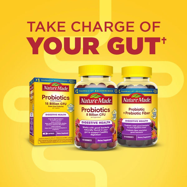 Nature Made probiotics supplements on a yellow background with text 'Take Charge of Your Gut'.