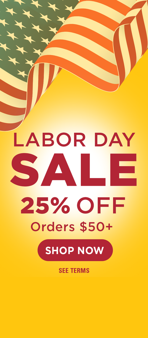 American flag, Labor Day Sale headline, 25% off orders $50+ offer, Shop Now button, and see terms on