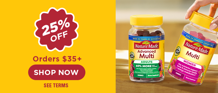 Nature Made multivitamin gummies bottles with 25% off $35+ promotion and shop now button on yellow background.