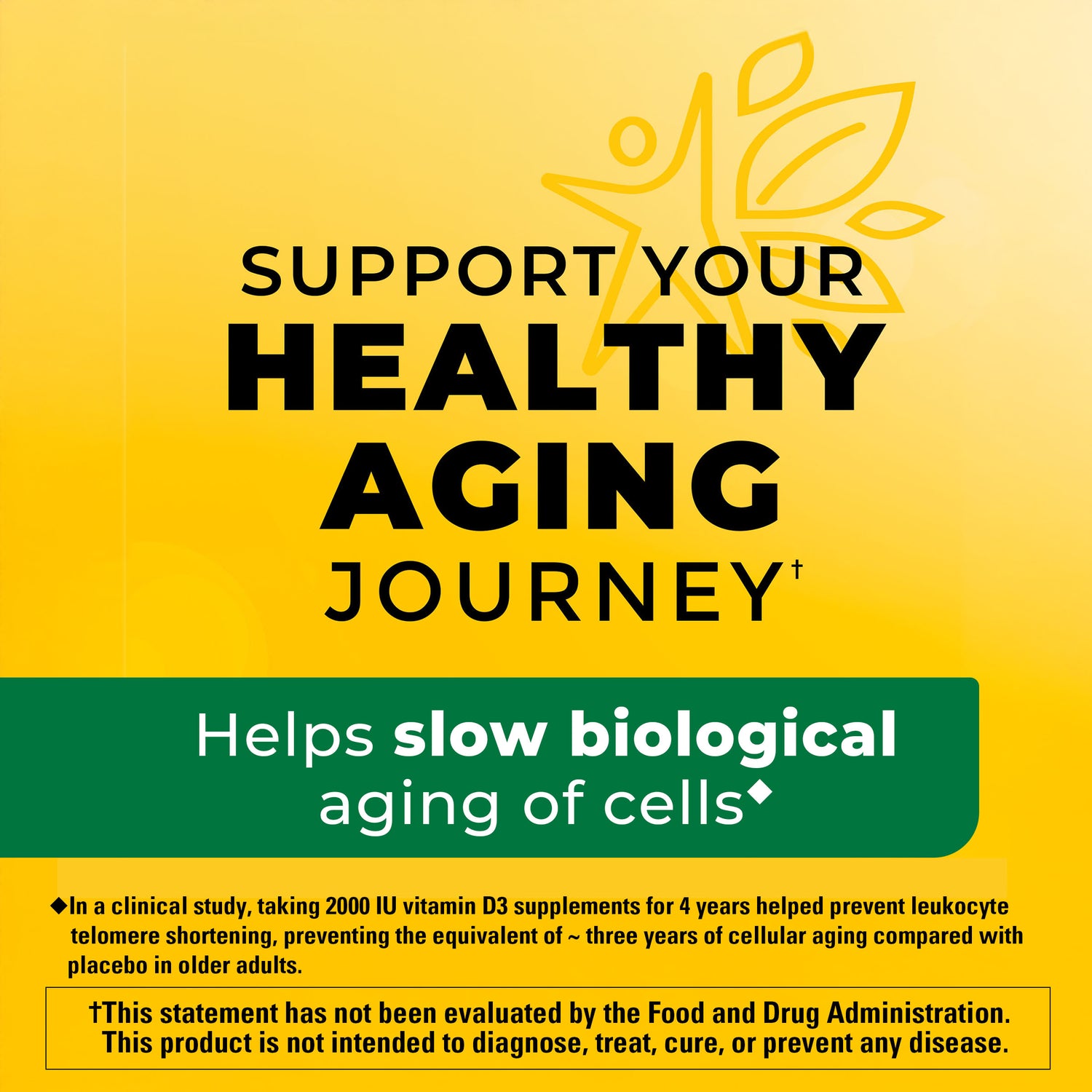 Vitamin D3 2000 IU (50 mcg) Tablets | 'Support Your Healthy Aging Journey' with a yellow and green background.