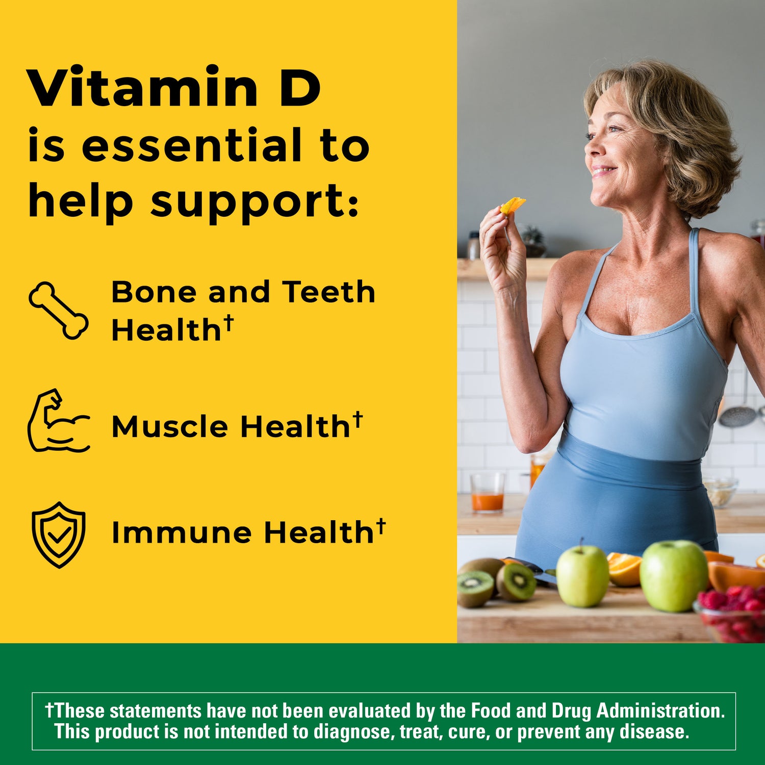 Vitamin D3 1000 IU (25 mcg) Tablets | Woman in a kitchen with text about vitamin D benefits on a yellow background